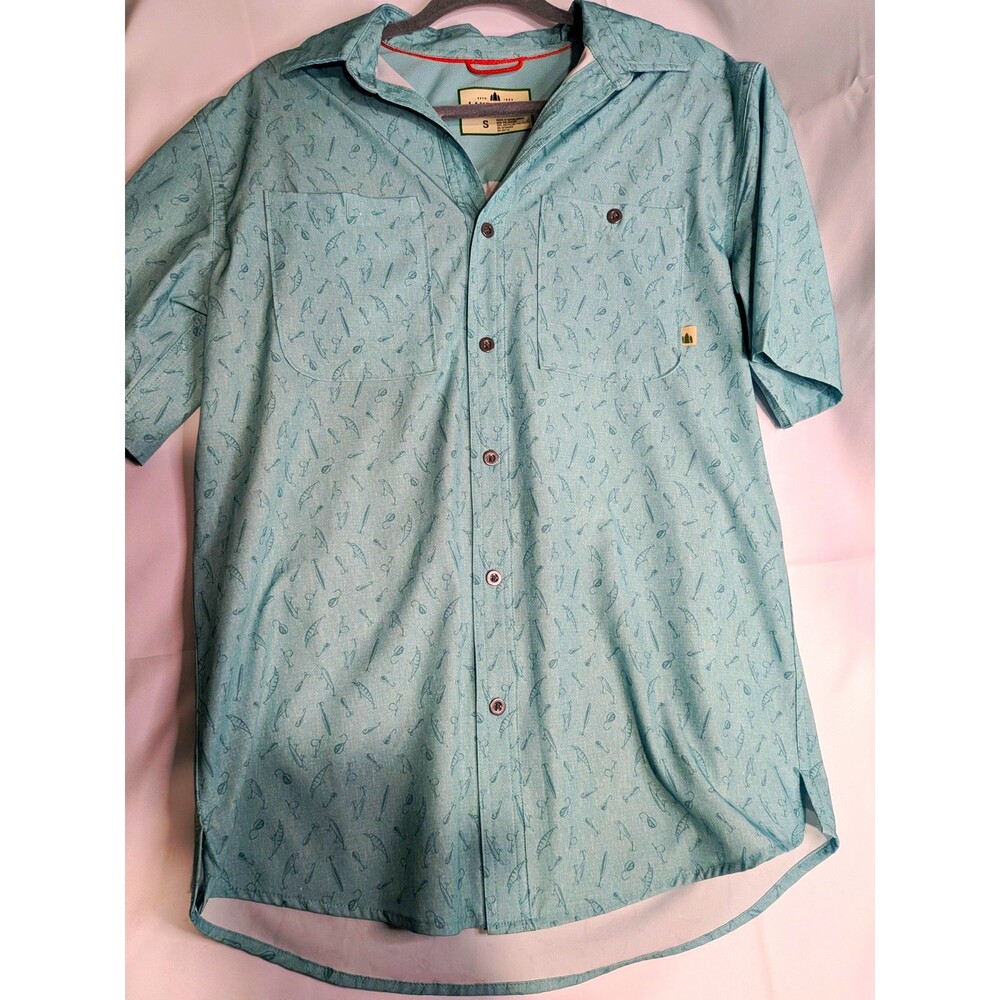 Lake & Trail Men’s S Blue Woven Short Sleeve Button-Up Fish Pattern Pockets